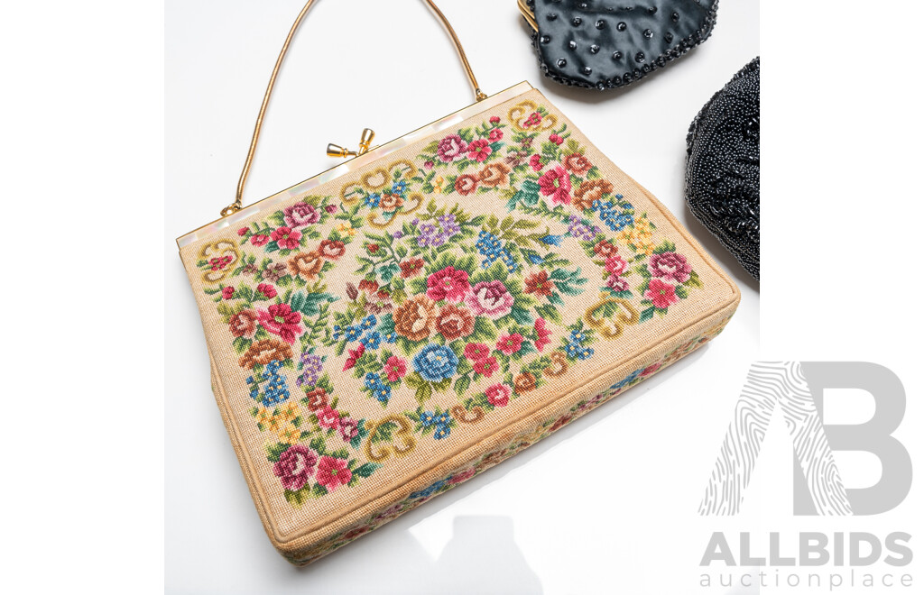 Beaded Black Evening Bag & Petit Point Tapestry Evening Bag, Both Made in Hong Kong