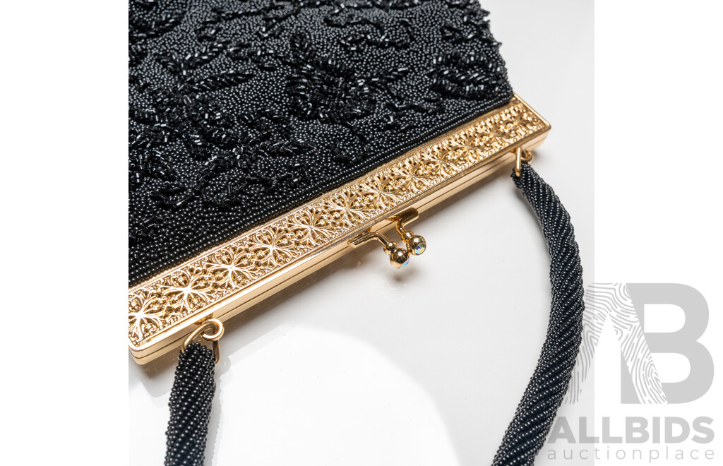 Beaded Black Evening Bag & Petit Point Tapestry Evening Bag, Both Made in Hong Kong