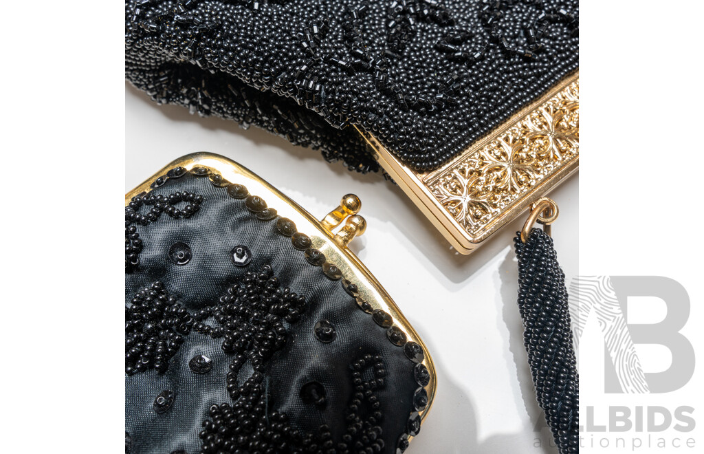 Beaded Black Evening Bag & Petit Point Tapestry Evening Bag, Both Made in Hong Kong