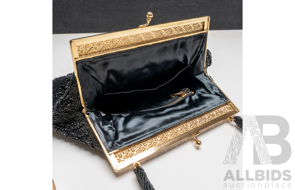 Beaded Black Evening Bag & Petit Point Tapestry Evening Bag, Both Made in Hong Kong