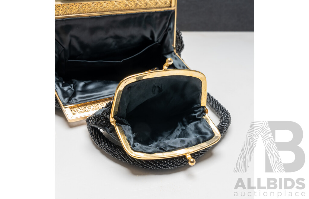 Beaded Black Evening Bag & Petit Point Tapestry Evening Bag, Both Made in Hong Kong