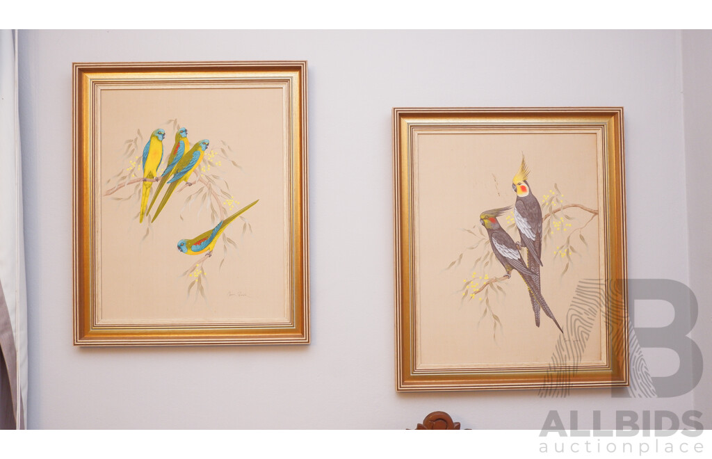 Marin Perich, Pair of Australian Bird Studies, Gouache on Silk