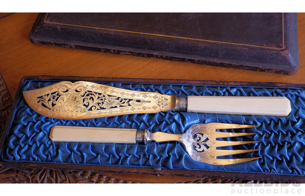 Victorian Silverplate and Ivory Handled Fish Servers in Original Box