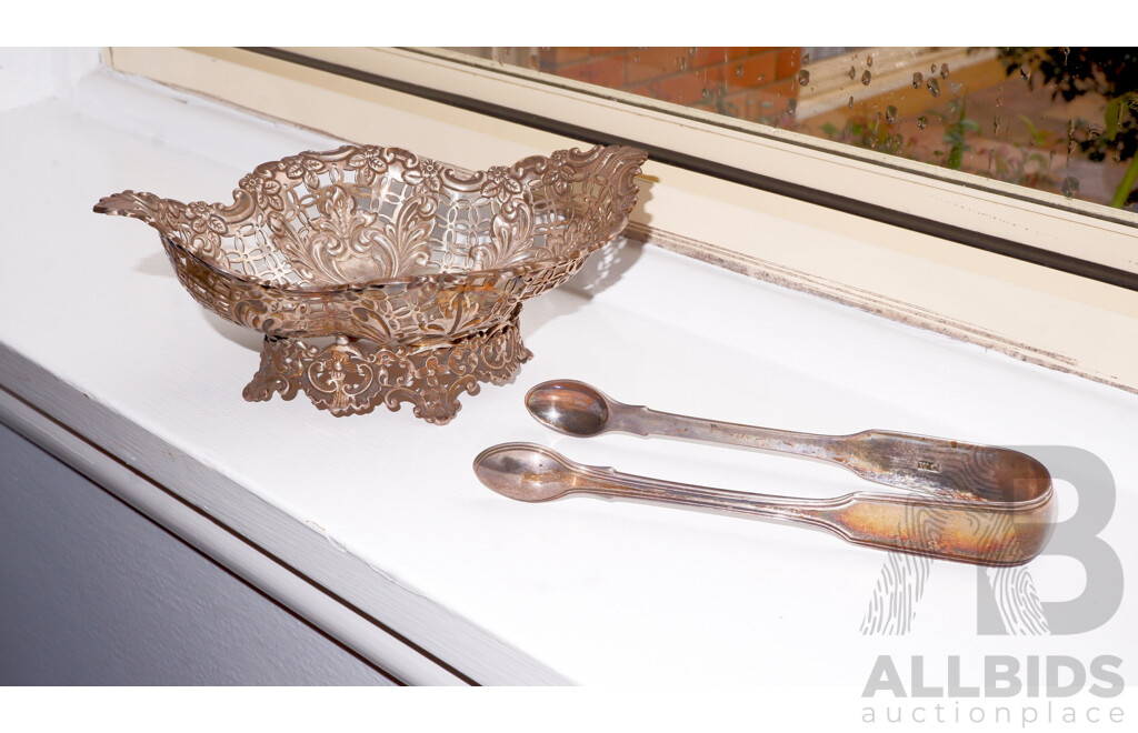 Edwardian Stirling Silver Sweet Meat Basket and Georgian Stirling Sugar Tongs