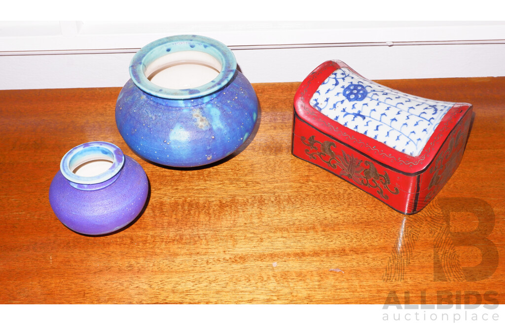 Chinese Porelain Shard Mounted Lacquer Box and 2 Salt Glaze Stoneware Vases