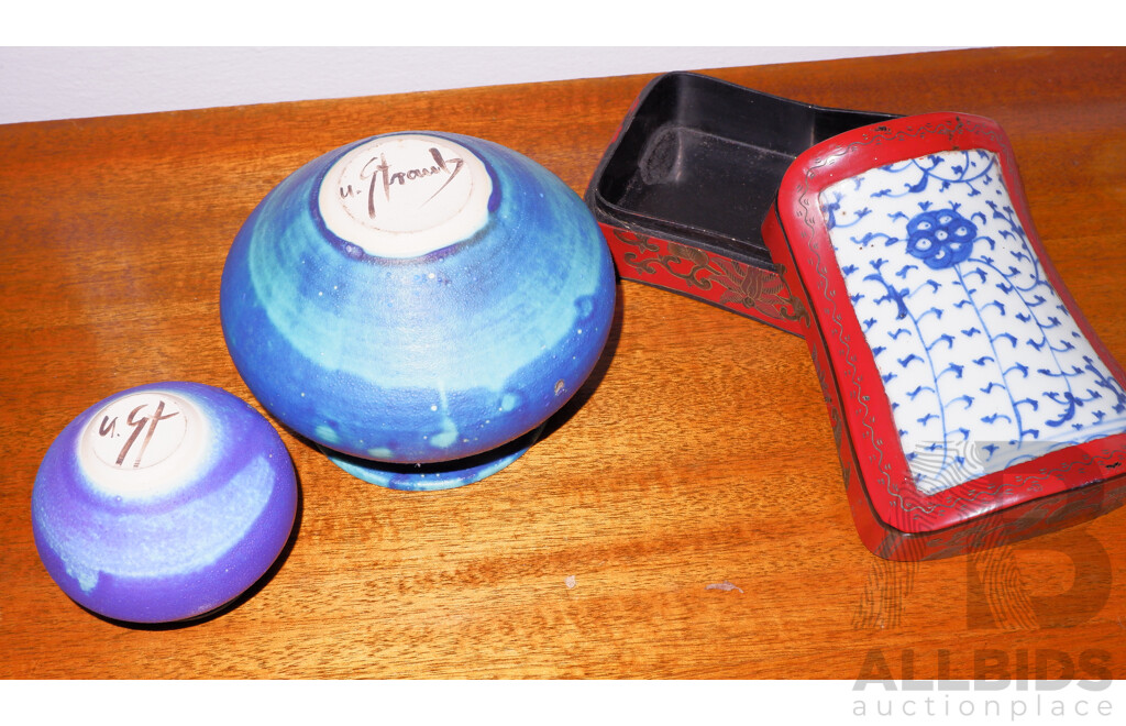 Chinese Porelain Shard Mounted Lacquer Box and 2 Salt Glaze Stoneware Vases
