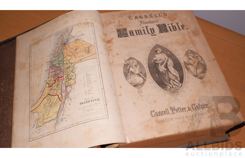 Cassell's Leatherbound Bible C. 1890 with Handcoloured Map of Palestine
