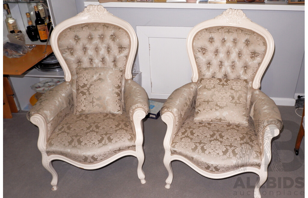 Pair of Brocade Upholsteredand Ivory Painted Salon Chairs