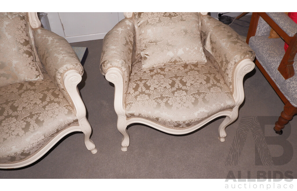 Pair of Brocade Upholsteredand Ivory Painted Salon Chairs
