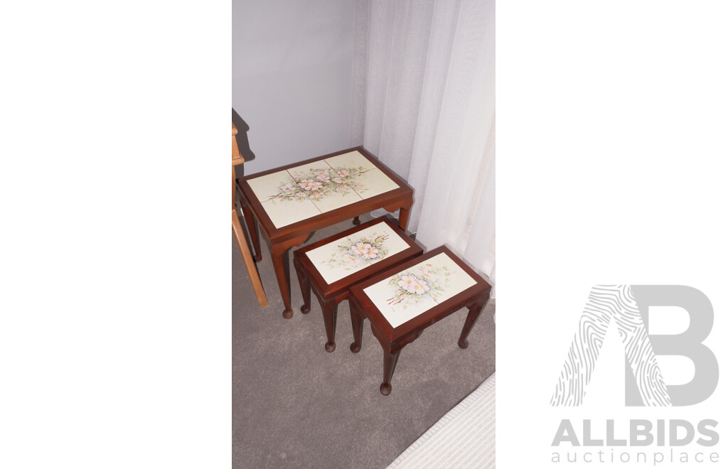 Trio of Cedar Nesting Tables Inset with Hand Painted Porcelain Tiles