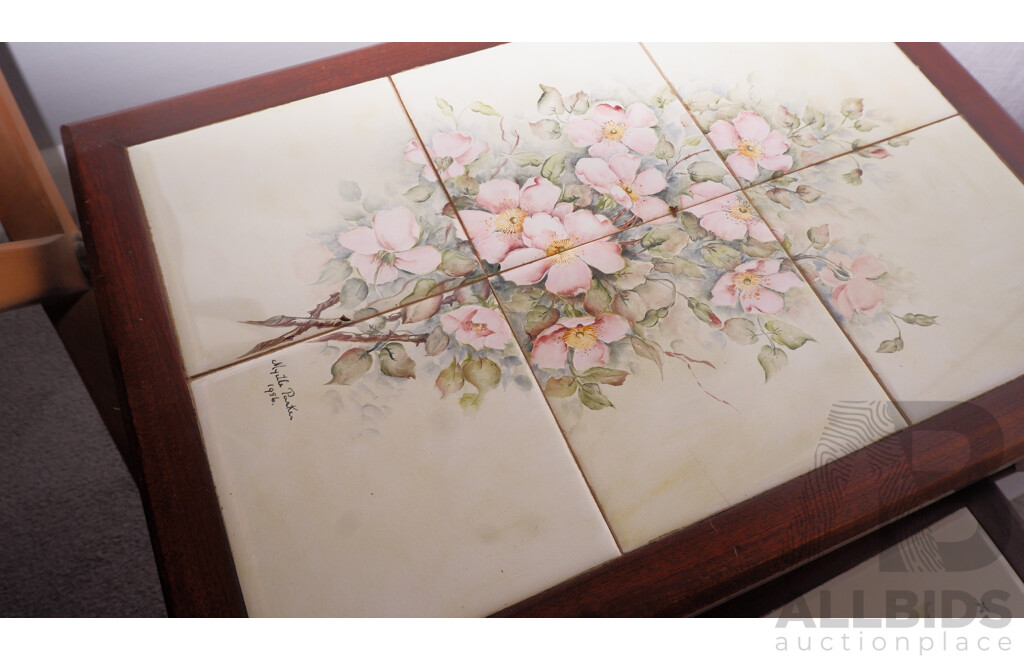 Trio of Cedar Nesting Tables Inset with Hand Painted Porcelain Tiles