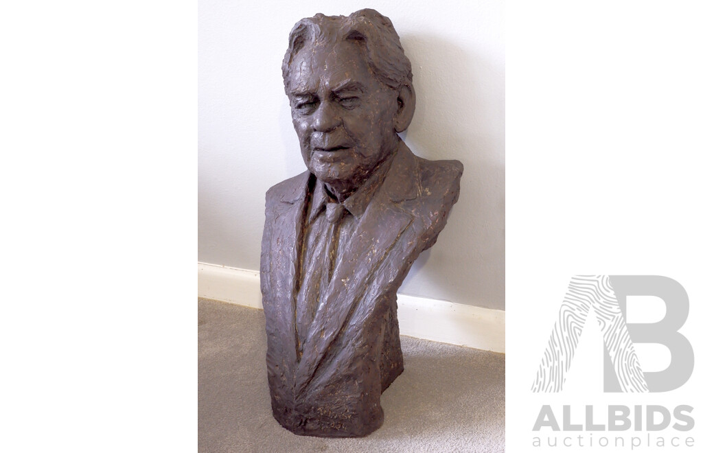 Alex Sandor Kolozsy (Hungarian /Australian 1938-) Bronzed Cement Fondue Bust of Earl White, Signed Kolozsy 1984