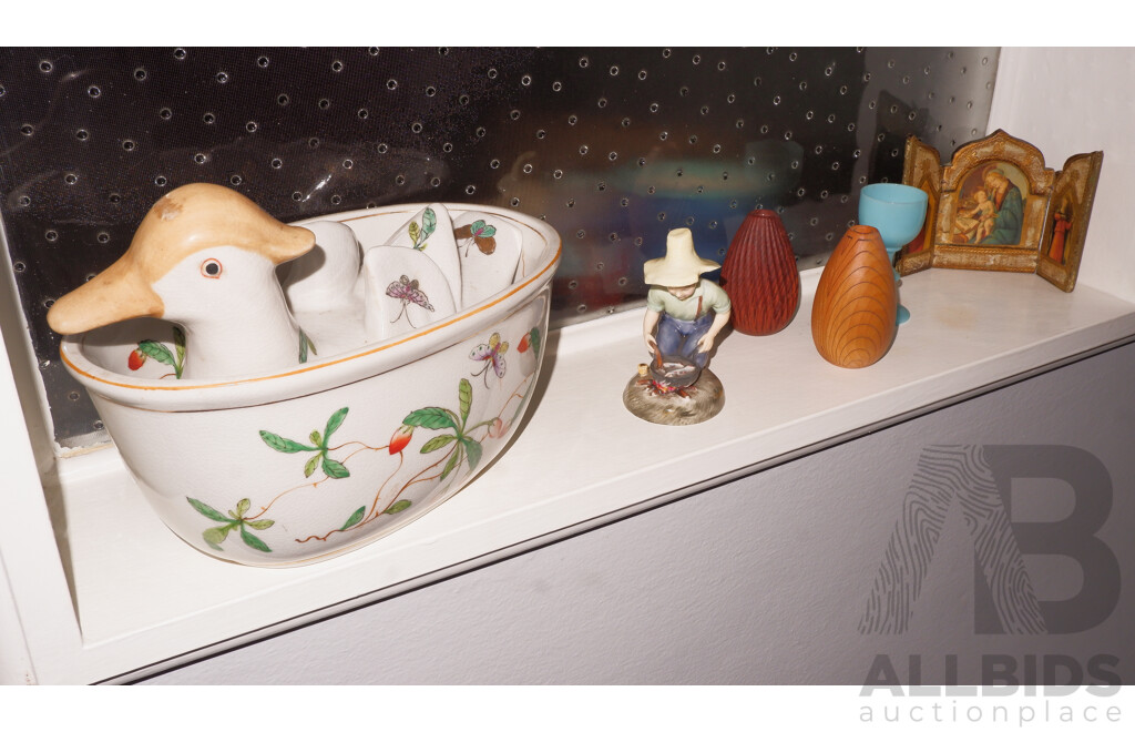 Shelf Lot Including Doulton River Boy, Chinese Duck Etc