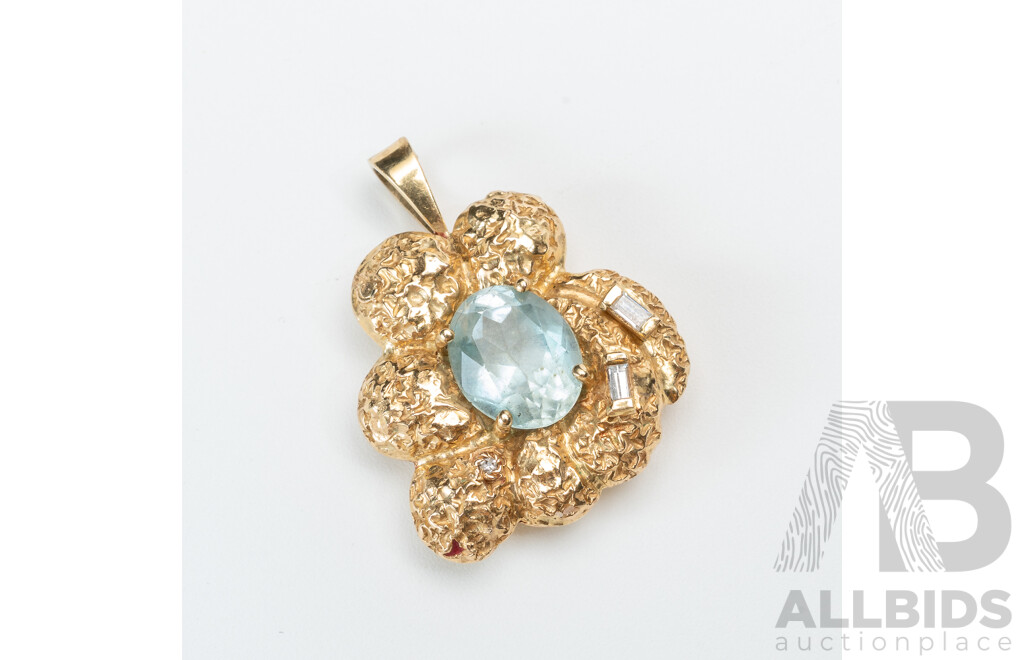 18ct Vintage Aquamarine & Diamond Pendant, TDW 0.10ct, 28mm, 5.59 Grams