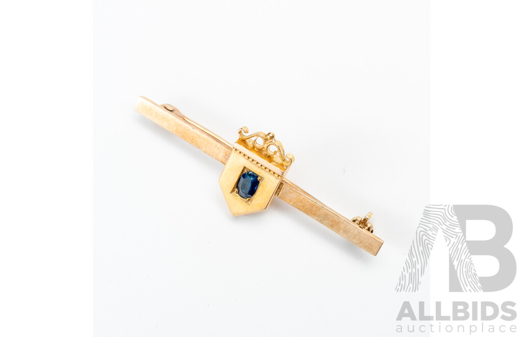 9ct Vintage Sapphire Shield Tie Bar/bar Brooch, 45mm, 3.53 Grams