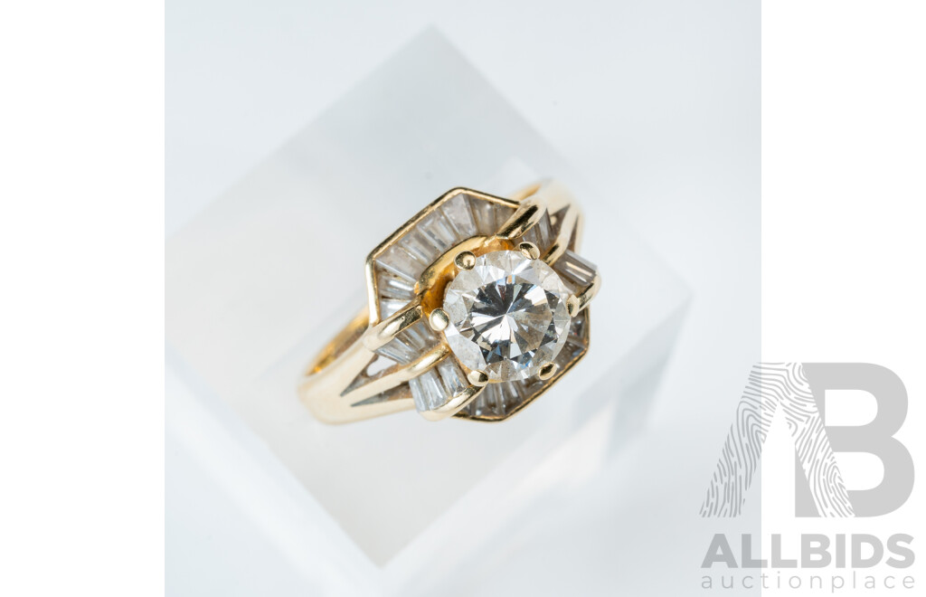18ct 1.0ct Solitiare Diamond Cluster Engagement Ring, Est TDW 1.50ct, Size O, 5.60 Grams
