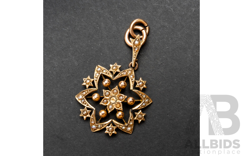 9ct Antique Victoria Seed Pearl Star Pendant, 40mm Long, 3.04 Grams