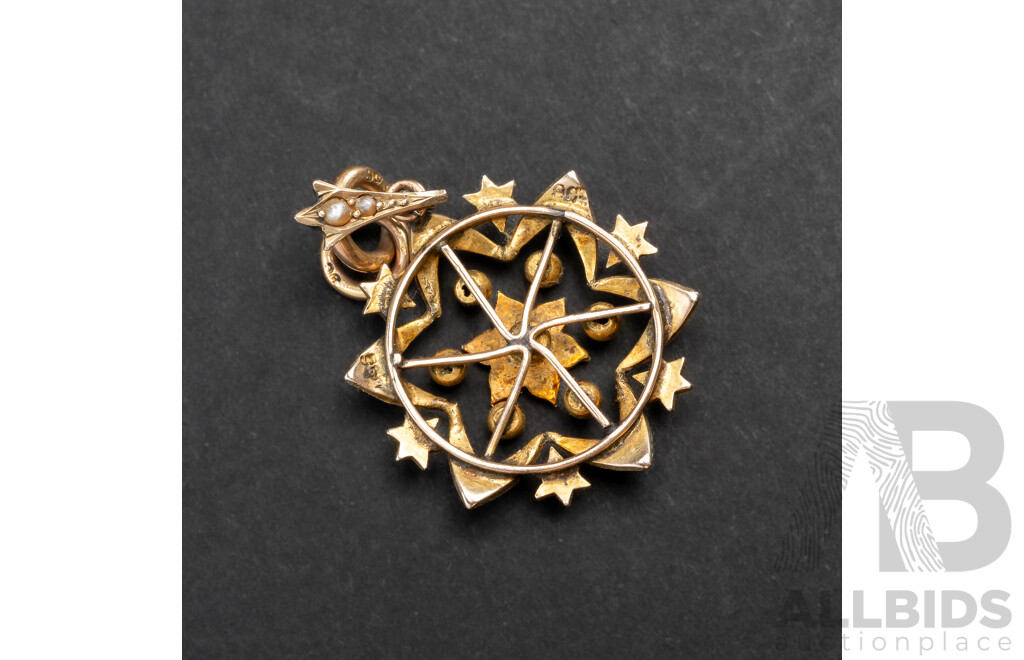 9ct Antique Victoria Seed Pearl Star Pendant, 40mm Long, 3.04 Grams