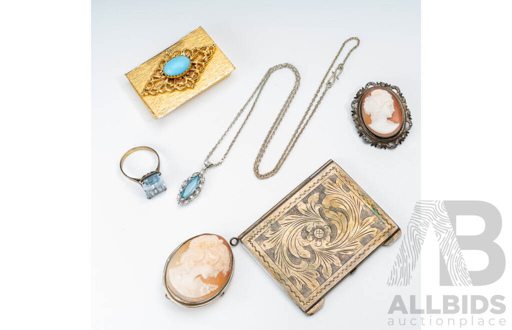 Collection of Vintage Jewellery Including Cameo Brooches, Topaz Pendant & Ring and Silver (800) Folding Photo Frame