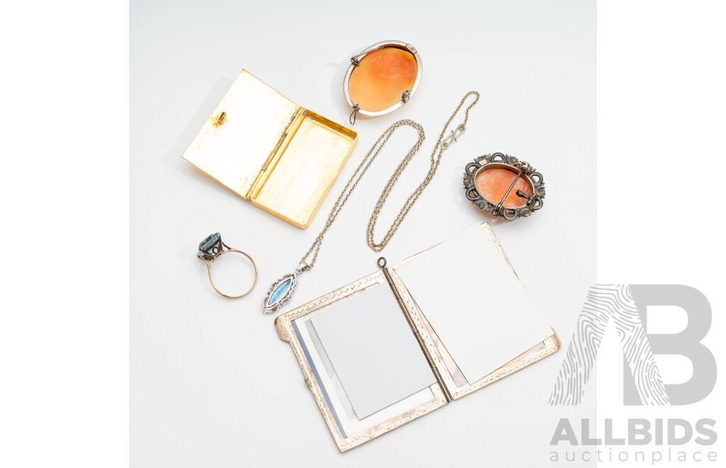 Collection of Vintage Jewellery Including Cameo Brooches, Topaz Pendant & Ring and Silver (800) Folding Photo Frame