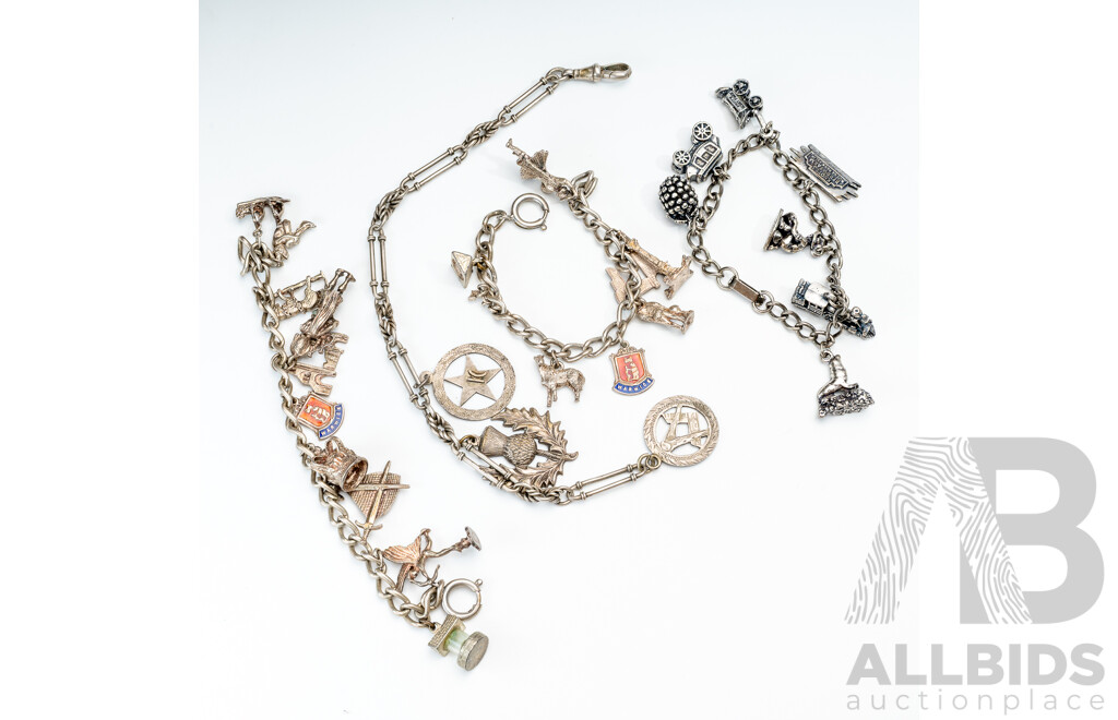 Collection of (4) Vintage Silver Charm Bracelets with 27 Vintage Charms in Total, 124.0 Grams