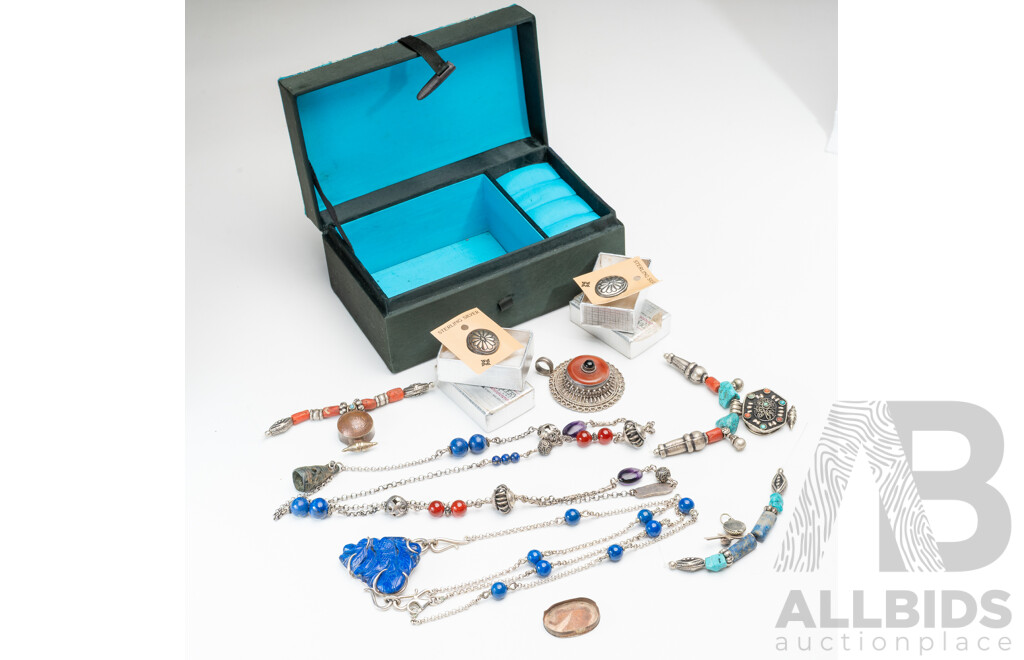 Collection of Sterling Silver Gemstone Necklaces & Pendants, Including Carved Lapis Lazuli, 153.0 Grams