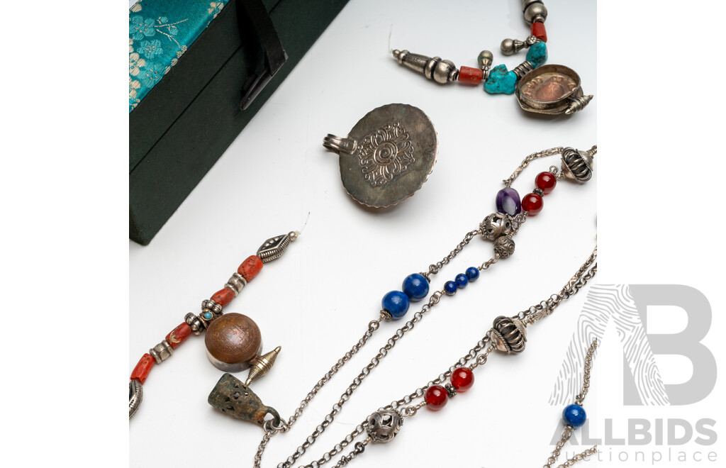 Collection of Sterling Silver Gemstone Necklaces & Pendants, Including Carved Lapis Lazuli, 153.0 Grams