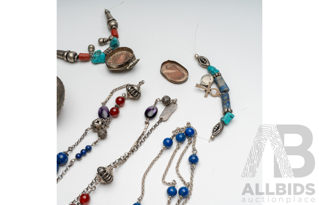 Collection of Sterling Silver Gemstone Necklaces & Pendants, Including Carved Lapis Lazuli, 153.0 Grams