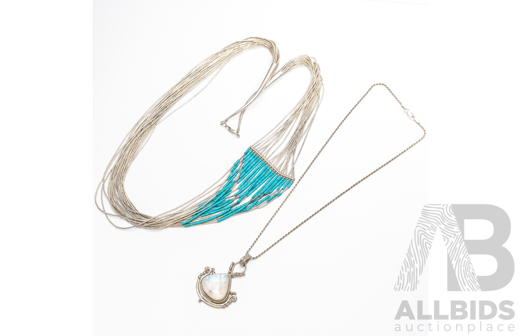 Sterling Silver Vintage Multi Strand Turquoise Necklace & Sterling Silver Labradorite Pendant on Chain, 77.0 Grams