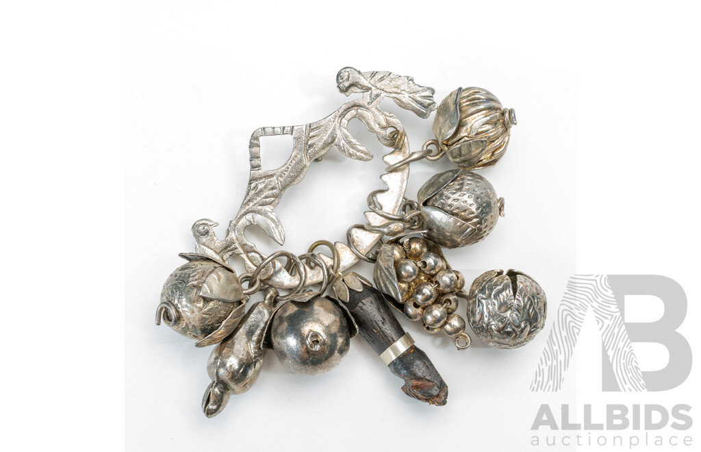Vintage Ragastens Silver Penca De Balangandan Amulet Chatelaine Brooch, 40.0 Grams (900) Silver