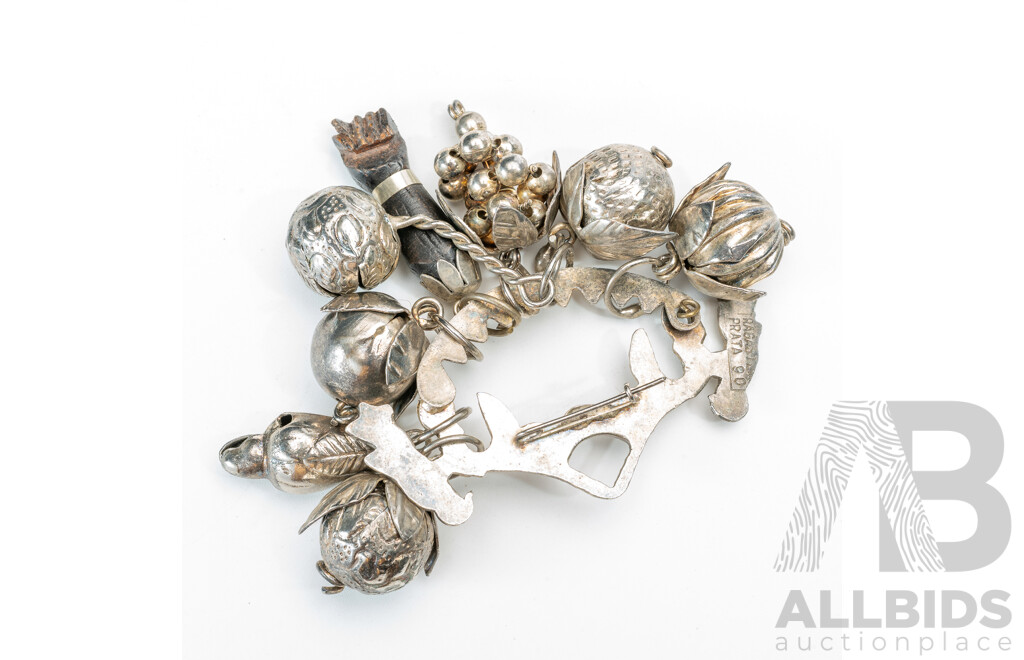 Vintage Ragastens Silver Penca De Balangandan Amulet Chatelaine Brooch, 40.0 Grams (900) Silver
