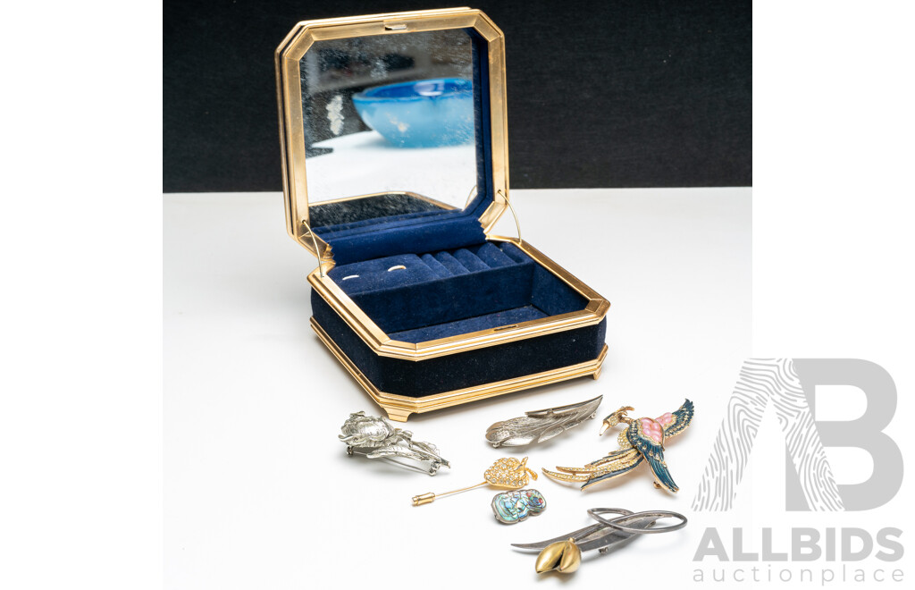 Vintage Sterling Silver (2) Brooches (21.02 Grams)  with (4) Other Brooches in Musical Jewellery Box