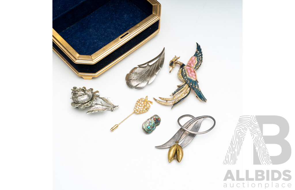 Vintage Sterling Silver (2) Brooches (21.02 Grams)  with (4) Other Brooches in Musical Jewellery Box