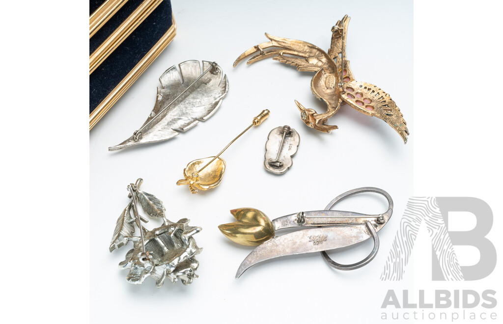 Vintage Sterling Silver (2) Brooches (21.02 Grams)  with (4) Other Brooches in Musical Jewellery Box