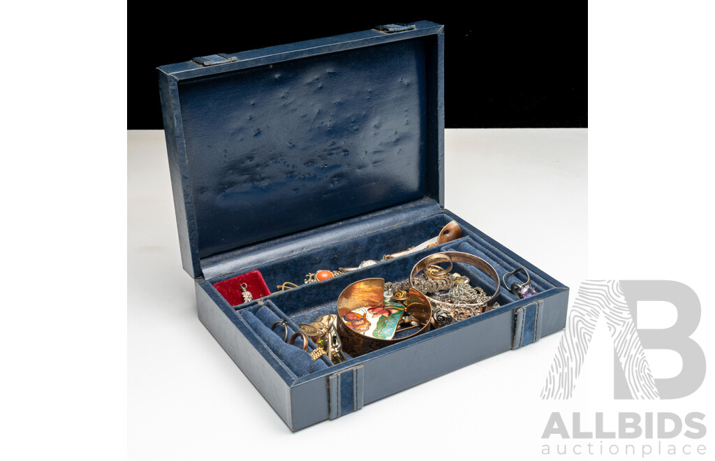 Vintage Jewel Box with Collection of Vintage Jewellery Items Including Sterling, Cloisonne Belt Buckle & Vintage Watches