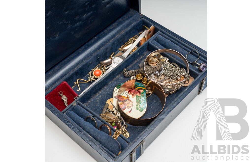 Vintage Jewel Box with Collection of Vintage Jewellery Items Including Sterling, Cloisonne Belt Buckle & Vintage Watches