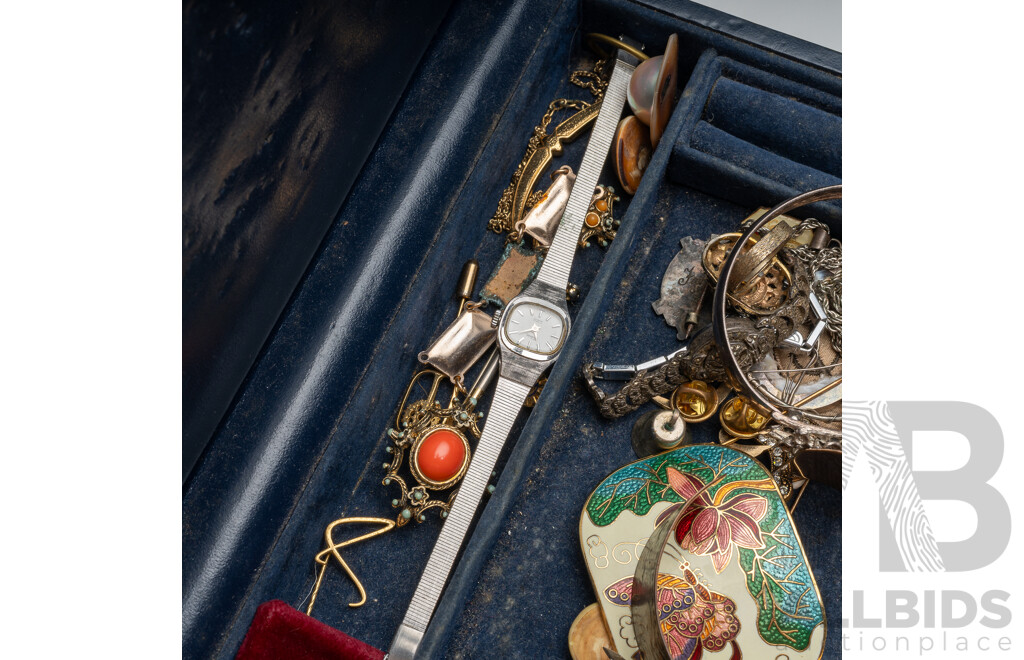 Vintage Jewel Box with Collection of Vintage Jewellery Items Including Sterling, Cloisonne Belt Buckle & Vintage Watches