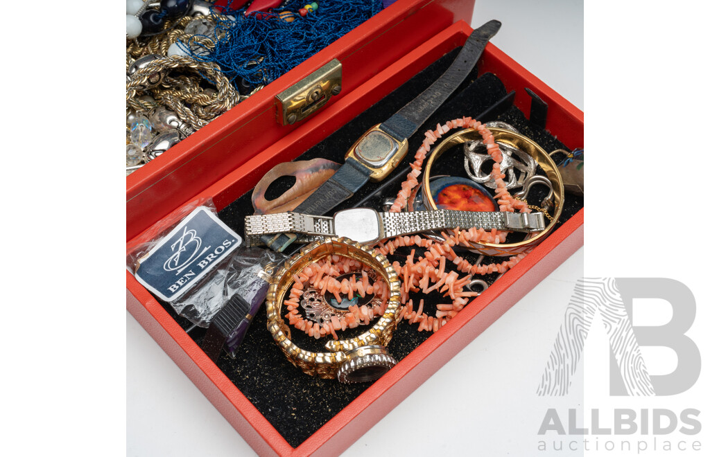 Collection of Vintage Jewellery Items Including Coral Necklace, in Vintage Red Jewel Box