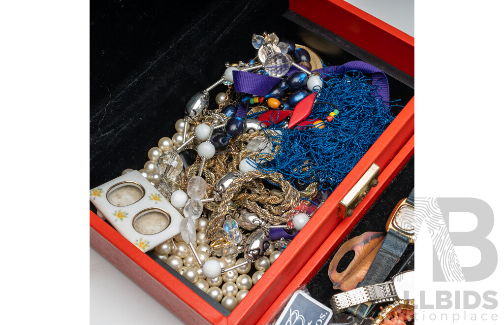 Collection of Vintage Jewellery Items Including Coral Necklace, in Vintage Red Jewel Box