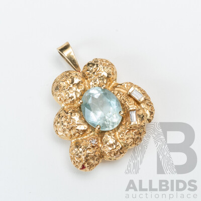 18ct Vintage Aquamarine & Diamond Pendant, TDW 0.10ct, 28mm, 5.59 Grams