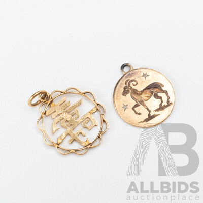 14ct Vintage Japanese Kanji Longevity Pendant, 0.56 Grams & 18ct Vintage Capricorn Pendant, 1.41 Grams