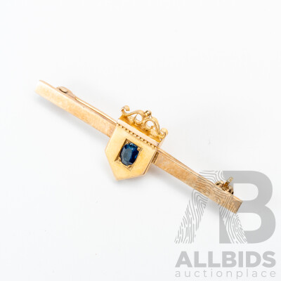 9ct Vintage Sapphire Shield Tie Bar/bar Brooch, 45mm, 3.53 Grams