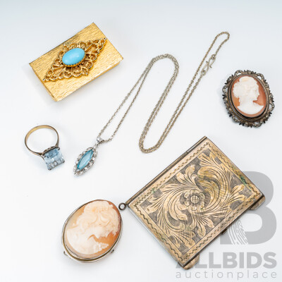 Collection of Vintage Jewellery Including Cameo Brooches, Topaz Pendant & Ring and Silver (800) Folding Photo Frame