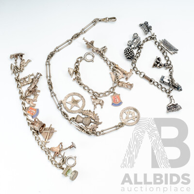 Collection of (4) Vintage Silver Charm Bracelets with 27 Vintage Charms in Total, 124.0 Grams