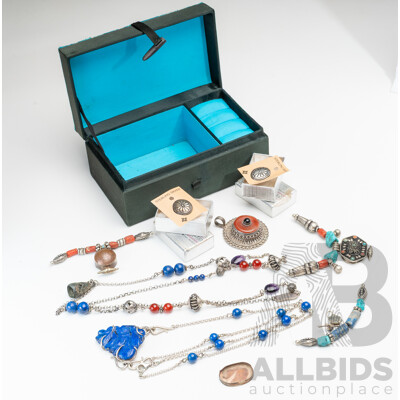 Collection of Sterling Silver Gemstone Necklaces & Pendants, Including Carved Lapis Lazuli, 153.0 Grams