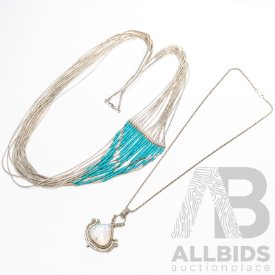 Sterling Silver Vintage Multi Strand Turquoise Necklace & Sterling Silver Labradorite Pendant on Chain, 77.0 Grams