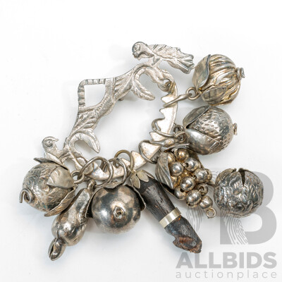 Vintage Ragastens Silver Penca De Balangandan Amulet Chatelaine Brooch, 40.0 Grams (900) Silver
