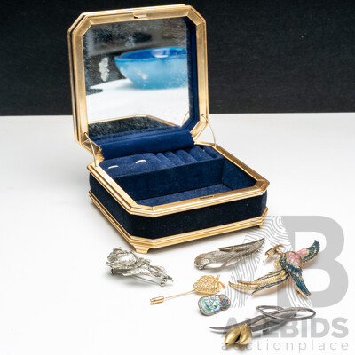 Vintage Sterling Silver (2) Brooches (21.02 Grams)  with (4) Other Brooches in Musical Jewellery Box