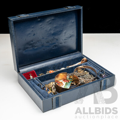 Vintage Jewel Box with Collection of Vintage Jewellery Items Including Sterling, Cloisonne Belt Buckle & Vintage Watches