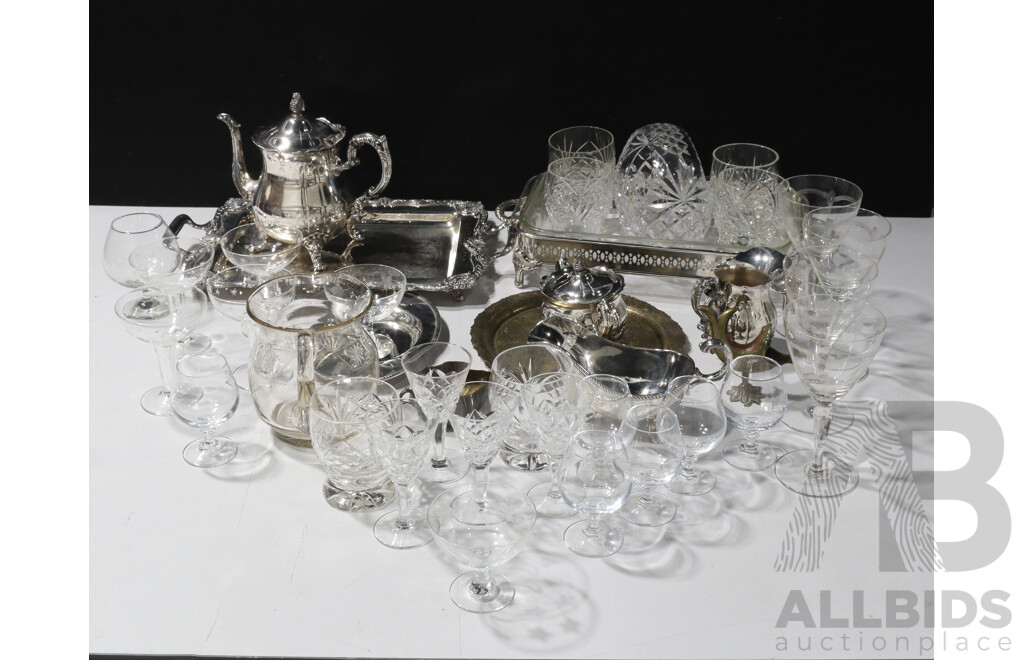 Collection Vintage and Other Stemware, Crystal and Silver Plate Including Set Four Hollow Stem Champagne Coupes with Etched Star Detail, Viners Silver Plate and More